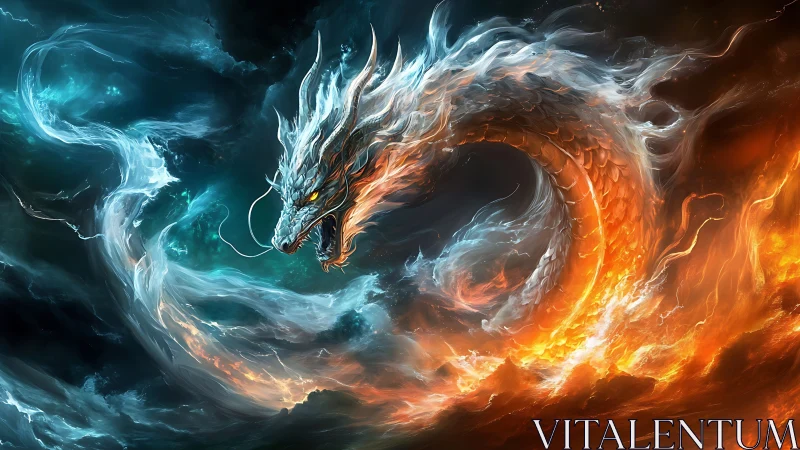 Elemental dragon coils through fire and stormlit sky in fury