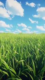 Sunlit green field stretches under a calm, cloud-soft sky