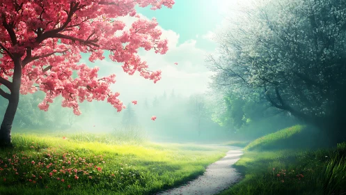 Bifurcated blossom corridor with volumetric spring atmosphere.