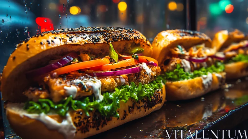 Street-styled grilled chicken subs under neon city lights.
