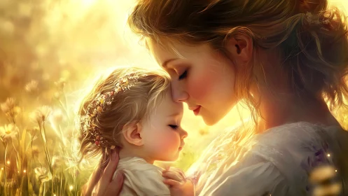 Mother and Child in Golden Wheat Field at Sunset