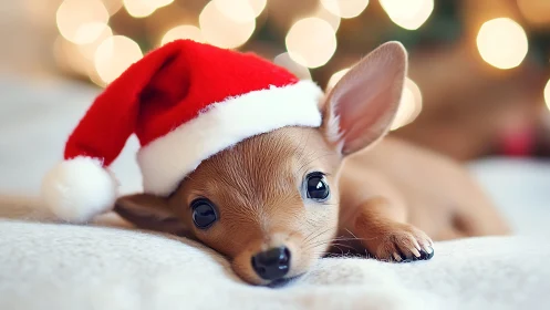 Small dog in Santa hat on blanket with blurred lights.