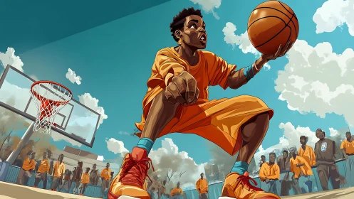Dynamic low-angle street basketball drive in stylized vector rendering.