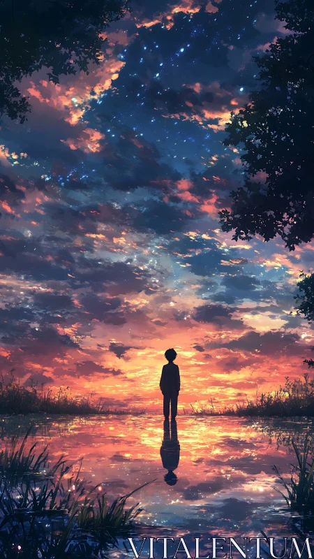 Lone silhouette gazes into a cosmic sunset sky reflection.