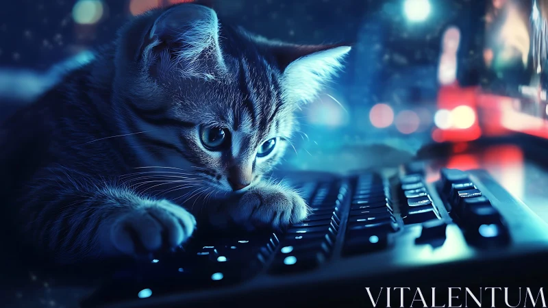Feline Technologist: Tabby Cat Engaged with Neon-Lit Keyboard Interface.