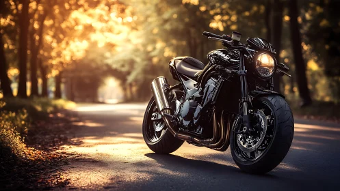 Black sport motorcycle stands on sunlit forest road at dusk