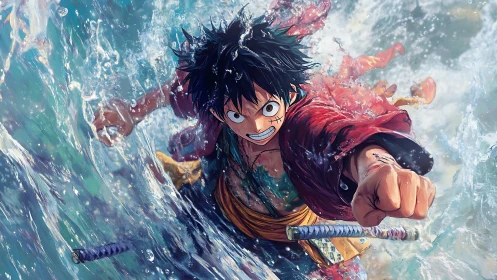 Storm-lashed anime hero punching through crashing seawater.