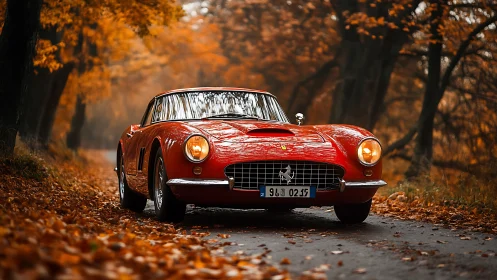 Classic red sports car is parked on an autumn forest road