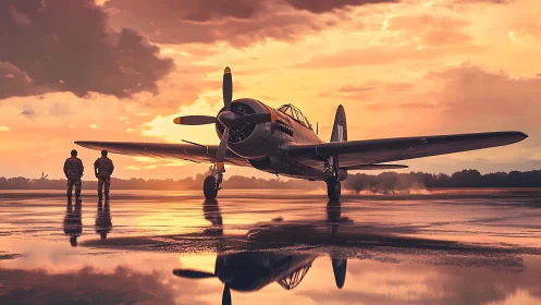 Sunset-soaked warbird waits while two pilots pace the runway