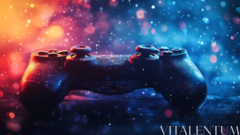 Game controller glowing in vibrant bokeh and colored haze.