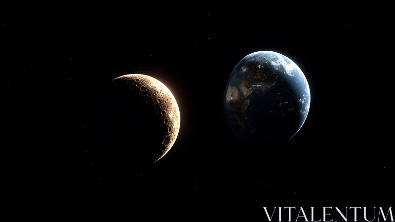 Earth and crescent moon aligned in deep cosmic shadow.