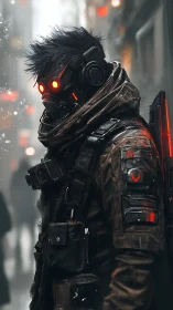 Cyberpunk recon operative in neon-glow tactical exosuit profile.