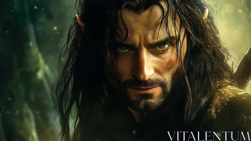 Brooding forest elf warrior locked in stormlit resolve.