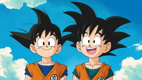 Smiling anime warriors share bright skyward moment together