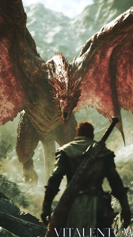 Human figure confronting large winged dragon in rocky pass.