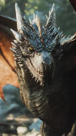 Armored dragon stalks sunlit forest with fierce intent