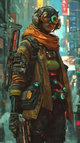 Urban cyber scout with neon visor in misty alleyway.