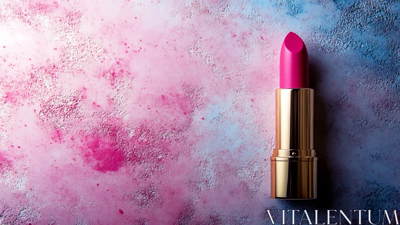 Pink lipstick positioned on textured pink and blue surface.