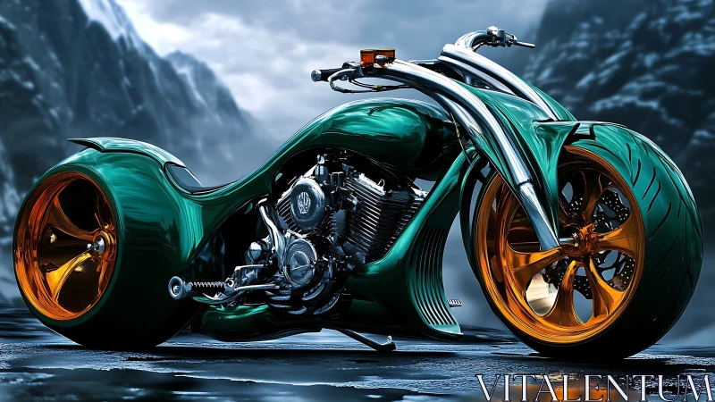 Emerald mountain chopper glowing with molten gold wheels.