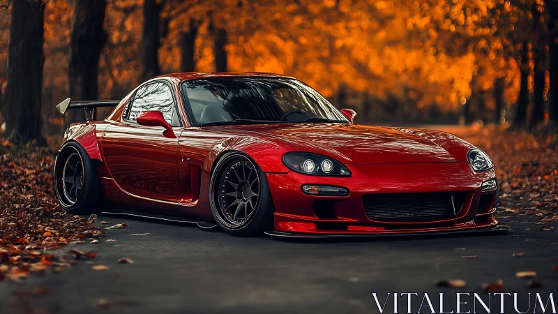 Crimson tuned sports coupe parked amid fiery autumn woods.