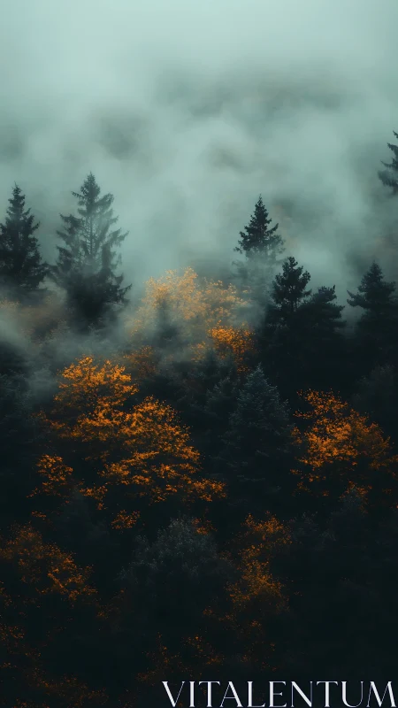 Misty Forest Landscape Golden Foliage Autumn Mist.
