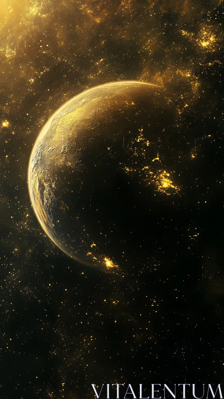 Golden lit planet in dense star field viewed from space.