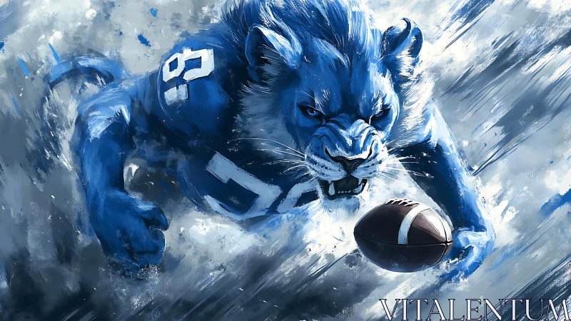 Blue lion ball-carrier rendered in dynamic, high-energy brushwork