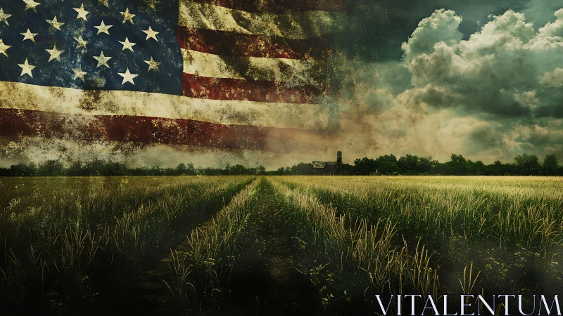 Weathered US flag overlay above storm-lit rural farmland.