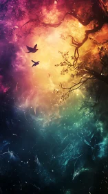 Silhouetted birds cross gradient sky under twisted tree