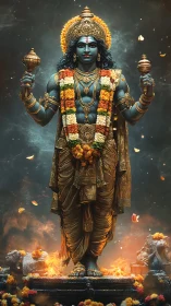 Divine blue guardian rises through marigold firelight