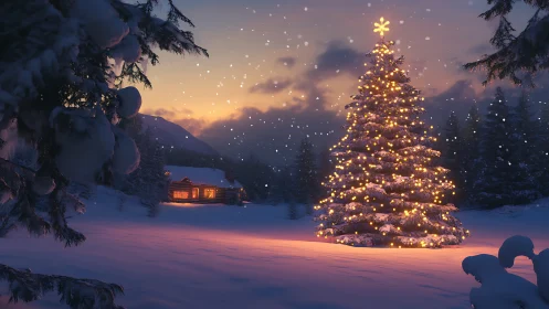 Snowy forest Christmas tree glows beside a cozy winter cabin.