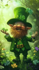 Cheerful leprechaun in clover-filled forest, high-saturation digital art