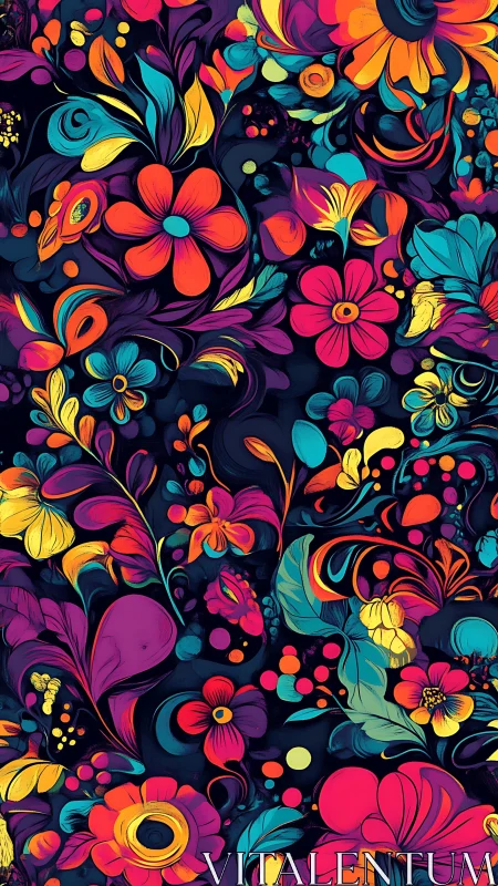 Vibrant Floral Vector Pattern: Multi-Layered Botanical Composition on Deep Tonal Ground.