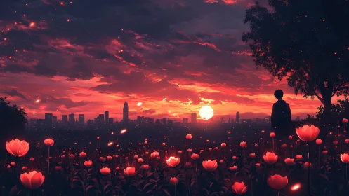 Boy watching neon sunset over luminous tulip field