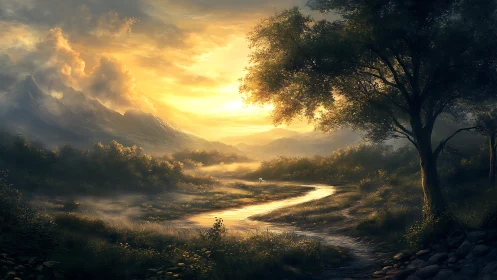 Golden river winds through misty valley at serene sunrise.