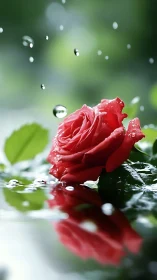 Scarlet rose lies on reflective water under falling raindrops.