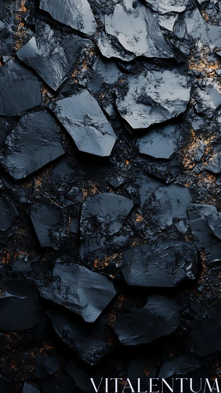 Shattered obsidian slabs with molten copper reflective accents.