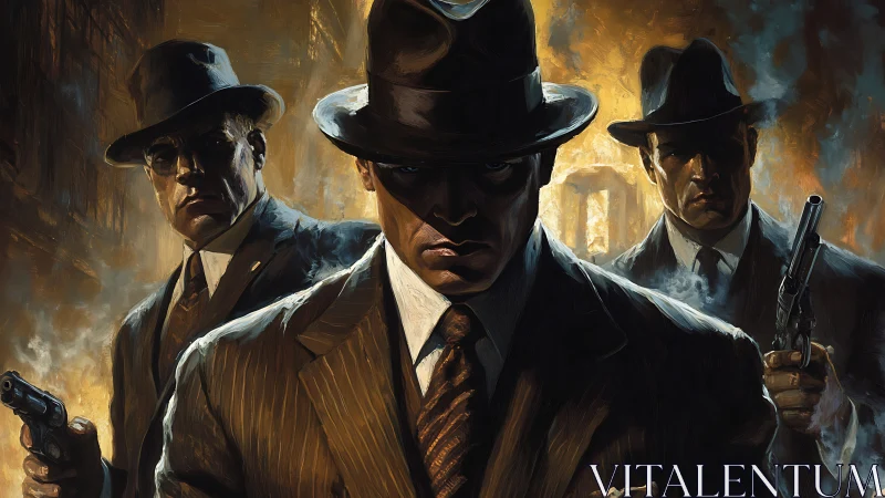 Triadic noir enforcers in chiaroscuro urban crossfire.