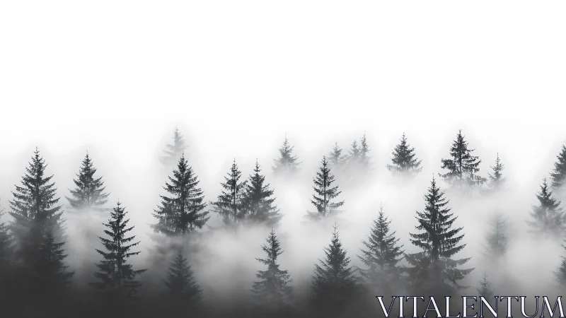 Coniferous forest treetops partially obscured by dense fog.