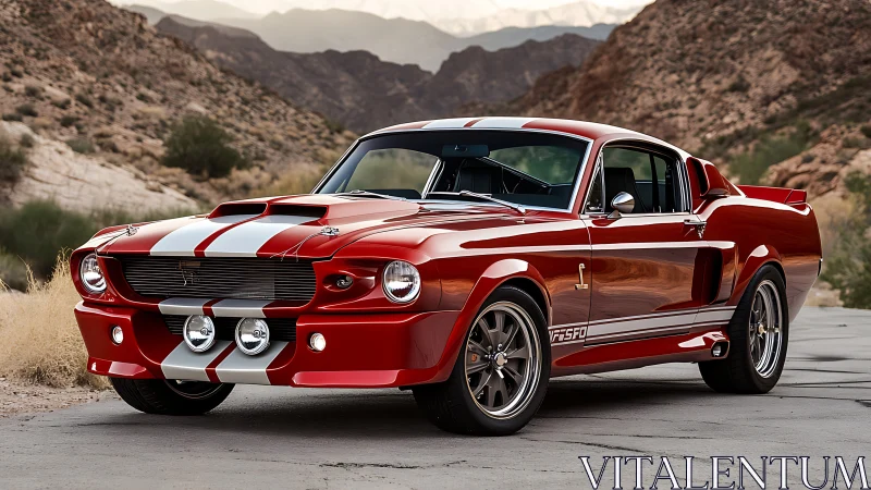 Classic red muscle car gleams against a rugged desert pass
