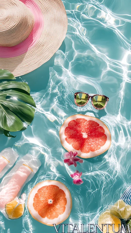 Summer pool flatlay with grapefruit, hat and sunglasses.