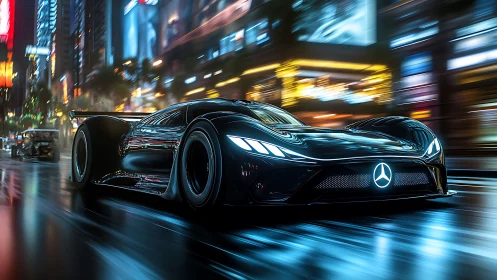 Futuristic black supercar races through neon city streets