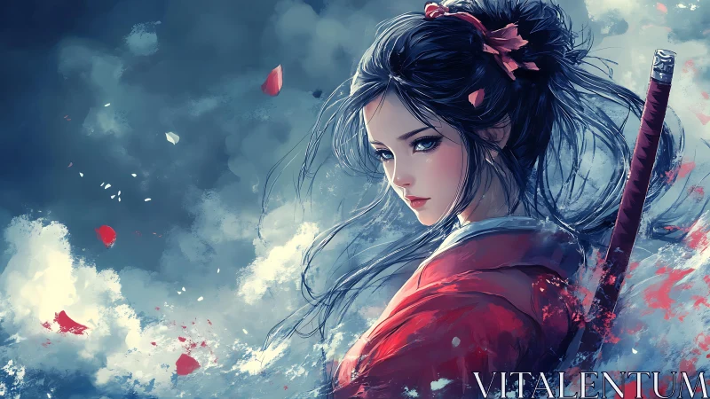 Samurai heroine in red kimono amid swirling painterly mist