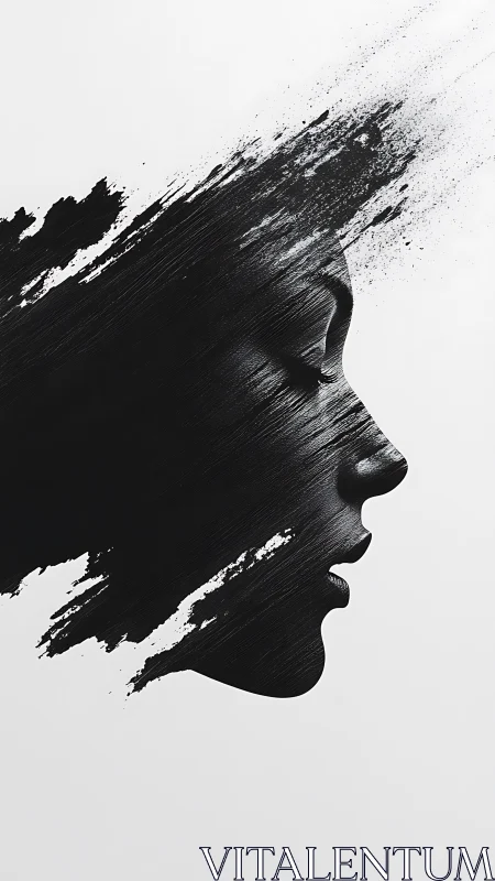 Monochrome profile portrait dissolving into dynamic brushstroke noise