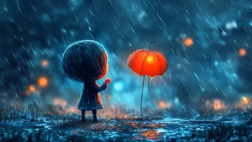 Glowing umbrella illuminates a child in stylized nocturnal rain