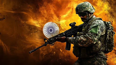 Soldier aims rifle before blazing orange battlefield backdrop