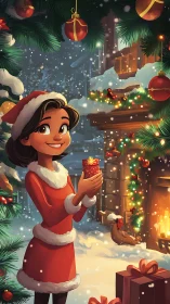 Festive girl holding gift by glowing winter fireplace scene.