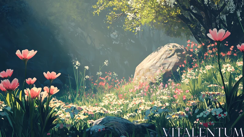 Sunlit wildflower glade bathes a hidden forest boulder in calm