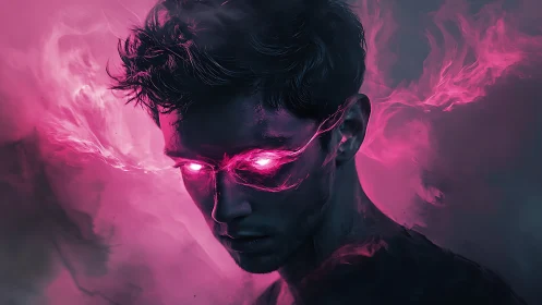 Brooding figure with neon magenta energy eyes ignited.
