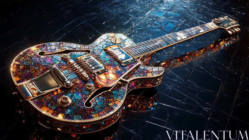 Stained glass electric guitar on glossy fractured floor.